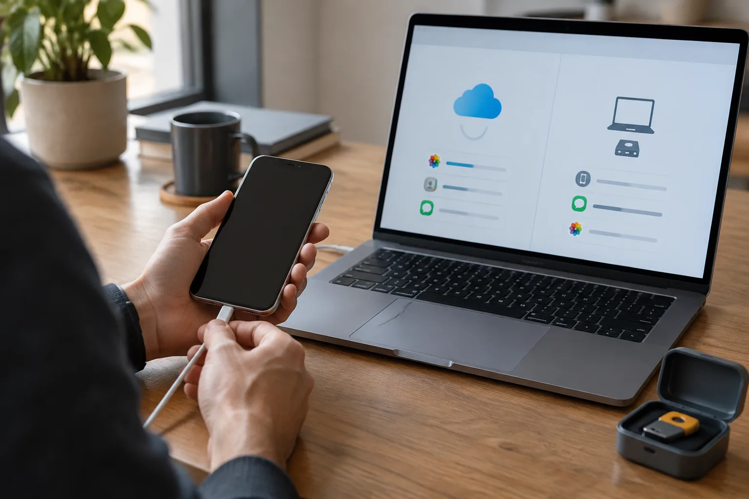 آیفون کنار مک&zwnj;بوک و کابل، نمایش&zwnj;دهنده انتخاب بین بکاپ iCloud و نسخه محلی رمزگذاری&zwnj;شده