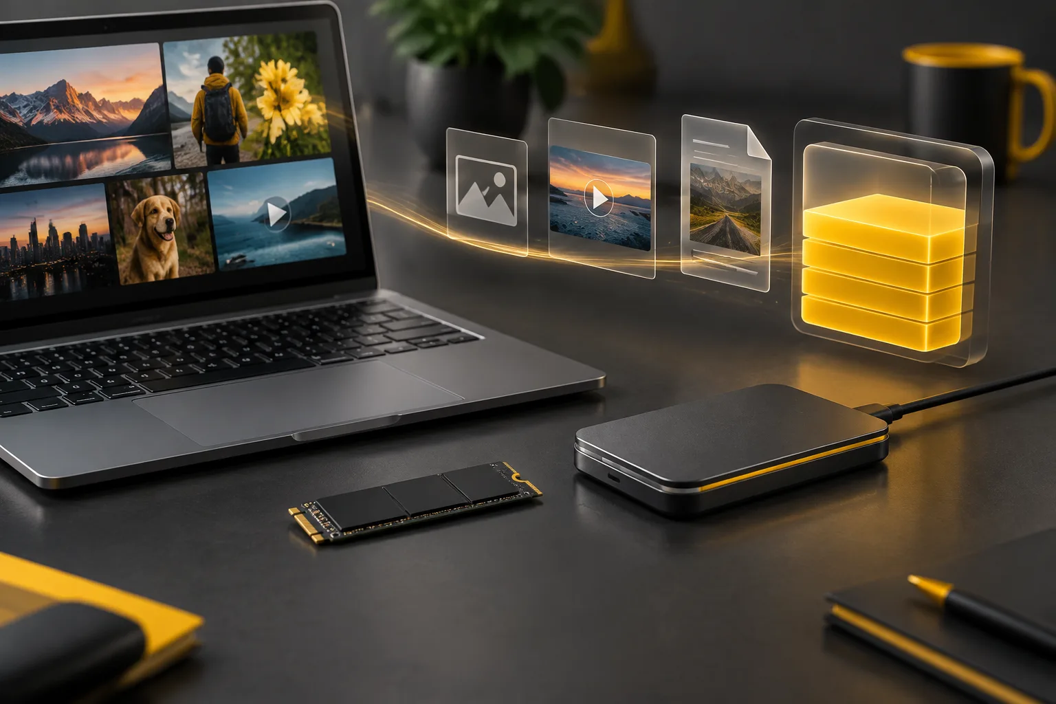 نمای مفهومی از انتخاب ظرفیت مناسب SSD با فایل&zwnj;های دیجیتال و فضای ذخیره&zwnj;سازی رو به رشد.