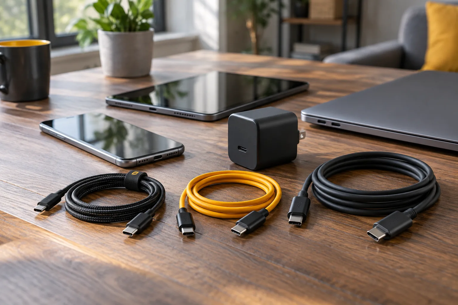 چند کابل USB-C و شارژر دیواری کنار گوشی، تبلت و لپ&zwnj;تاپ برای مقایسه کاربردهای مختلف