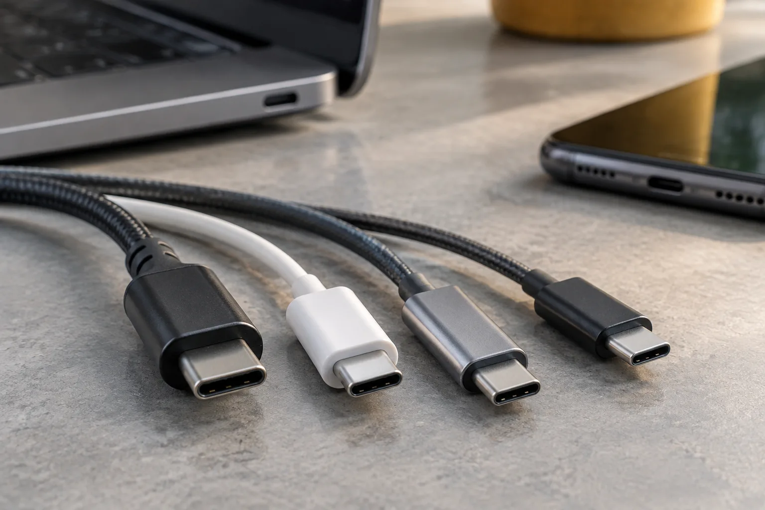 نمای نزدیک چند کانکتور USB-C مشابه با کابل&zwnj;هایی با ساختار و ضخامت متفاوت