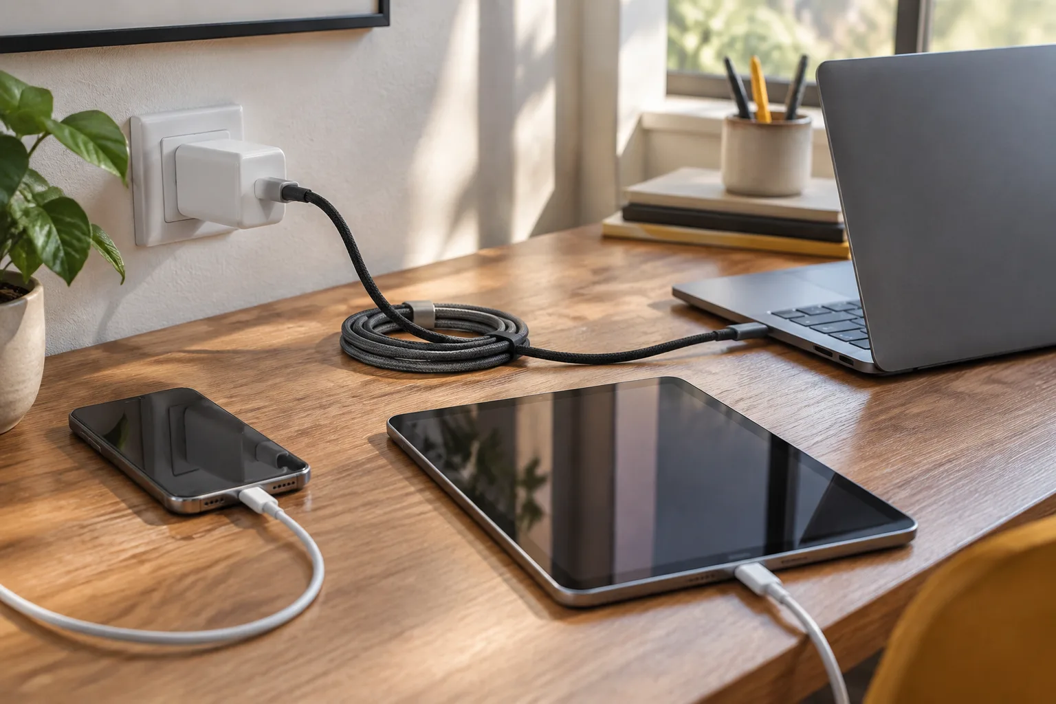 شارژر USB-C، کابل و دستگاه&zwnj;های مختلف در یک صحنه واقعی برای نمایش زنجیره توان شارژ