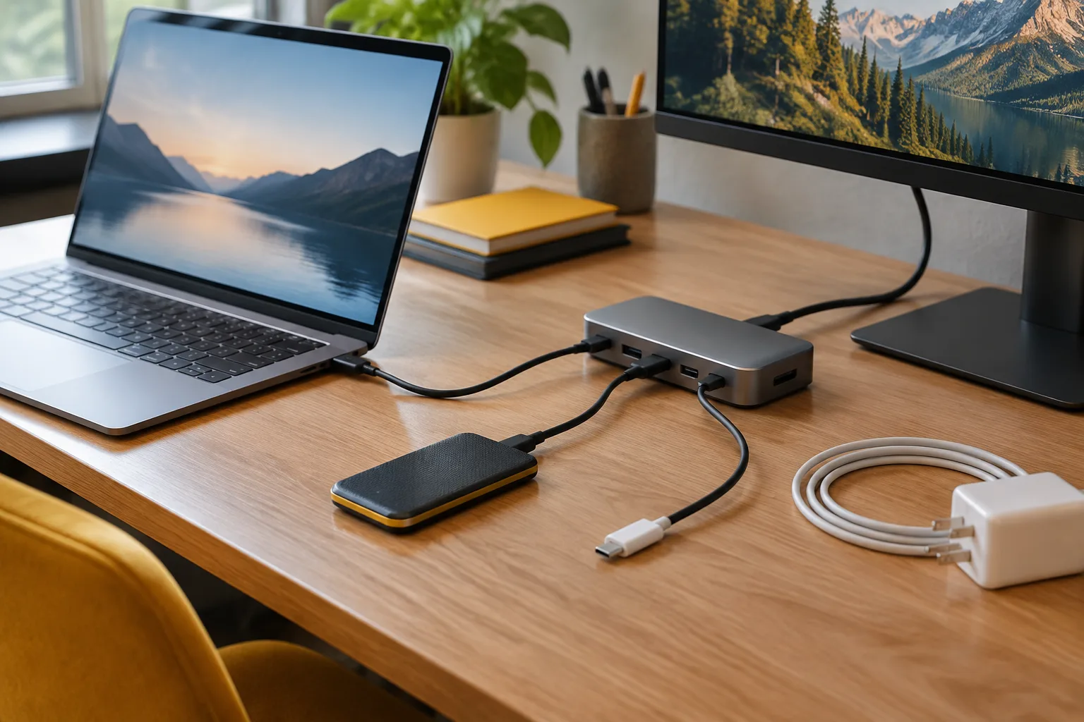 کابل USB-C در کنار لپ&zwnj;تاپ، SSD اکسترنال، مانیتور و داک برای نمایش کاربردهای متفاوت