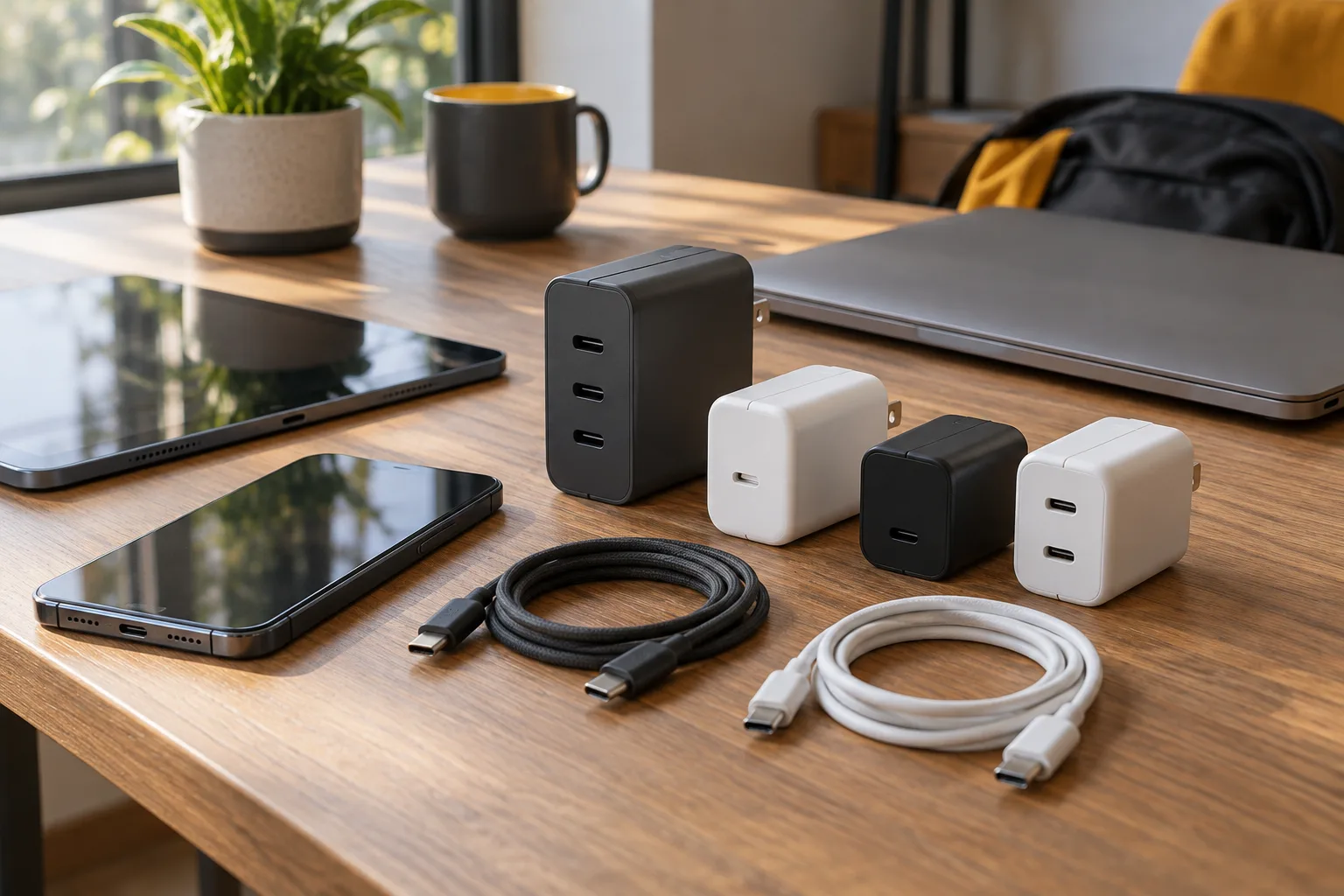 چند شارژر دیواری USB-C و کابل&zwnj;های مختلف روی میز، در کنار گوشی، تبلت و لپ&zwnj;تاپ برای نمایش دشواری انتخاب شارژر مناسب