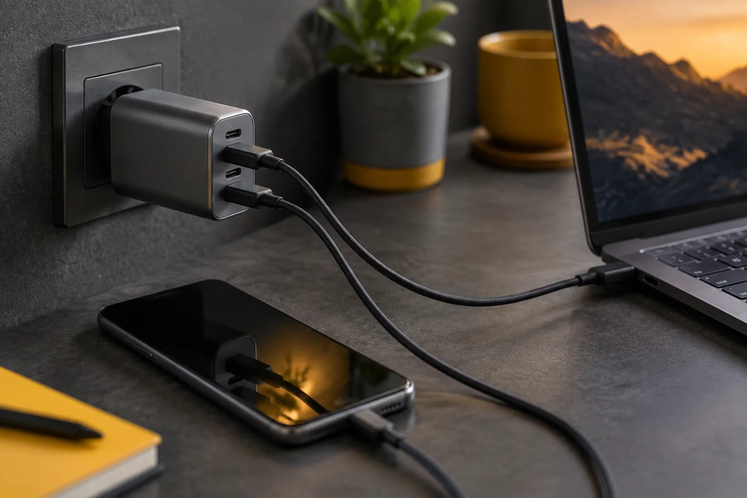 شارژر دوپورته USB-C در حال شارژ هم&zwnj;زمان گوشی و لپ&zwnj;تاپ، با تأکید بر تفاوت توان مورد نیاز دستگاه&zwnj;ها