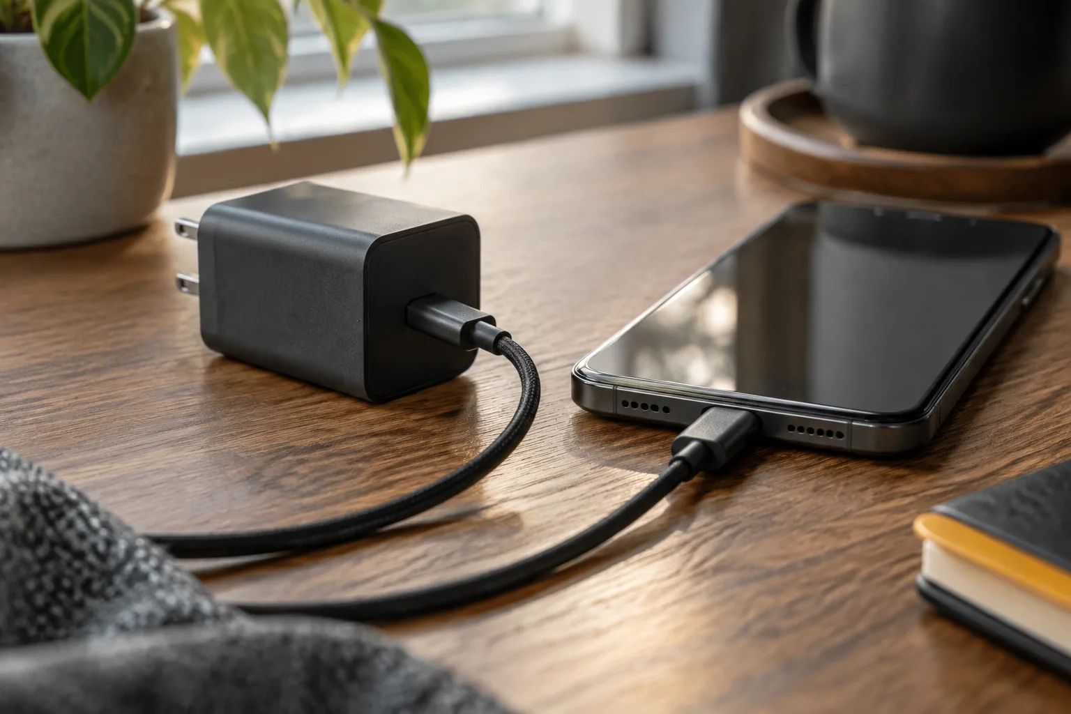 نمای نزدیک از شارژر USB-C و گوشی سازگار در حال مذاکره برای شارژ سریع، بدون نمایش نوشته یا رابط ساختگی