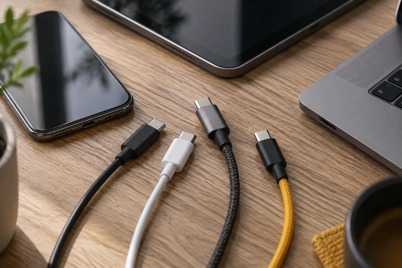 کلوزآپ چند کابل USB-C با ضخامت و ساختار متفاوت در کنار لپ&zwnj;تاپ و گوشی برای مقایسه توان و کاربرد کابل
