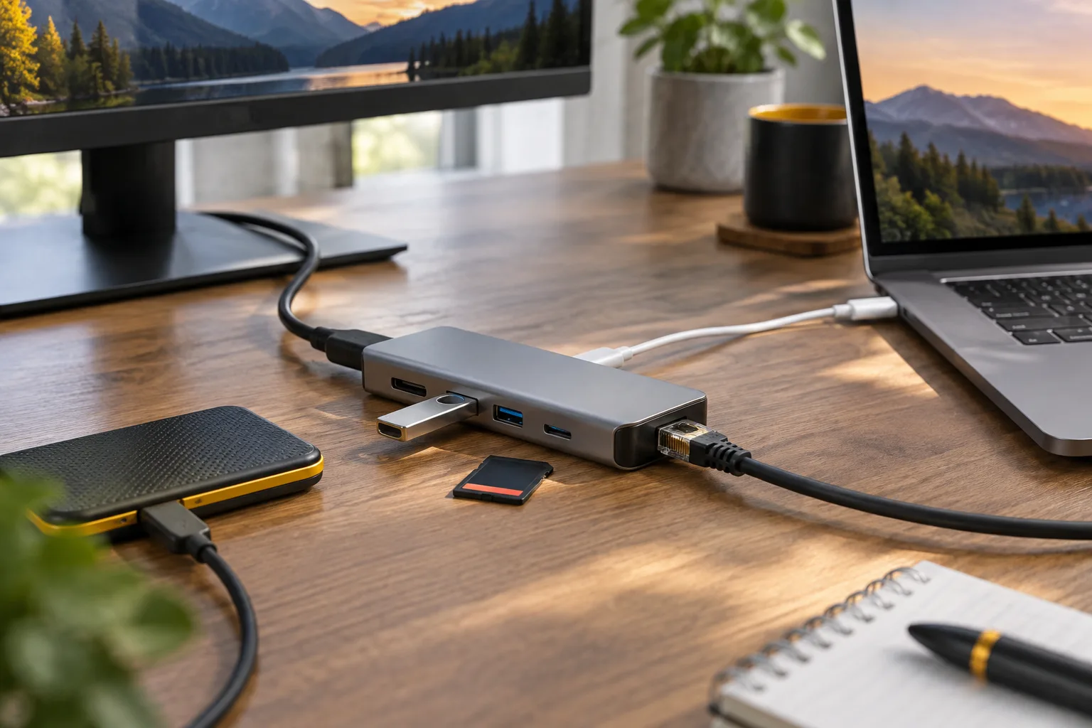نمایی مستند از هاب USB-C چندکاره در کنار لپ&zwnj;تاپ، مانیتور، کابل&zwnj;ها و لوازم جانبی مختلف روی میز کار