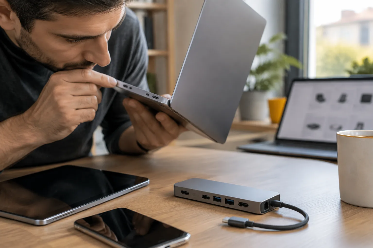 بررسی مشخصات پورت USB-C لپ&zwnj;تاپ در کنار هاب چندکاره و دفترچه مشخصات بدون نوشته قابل خواندن
