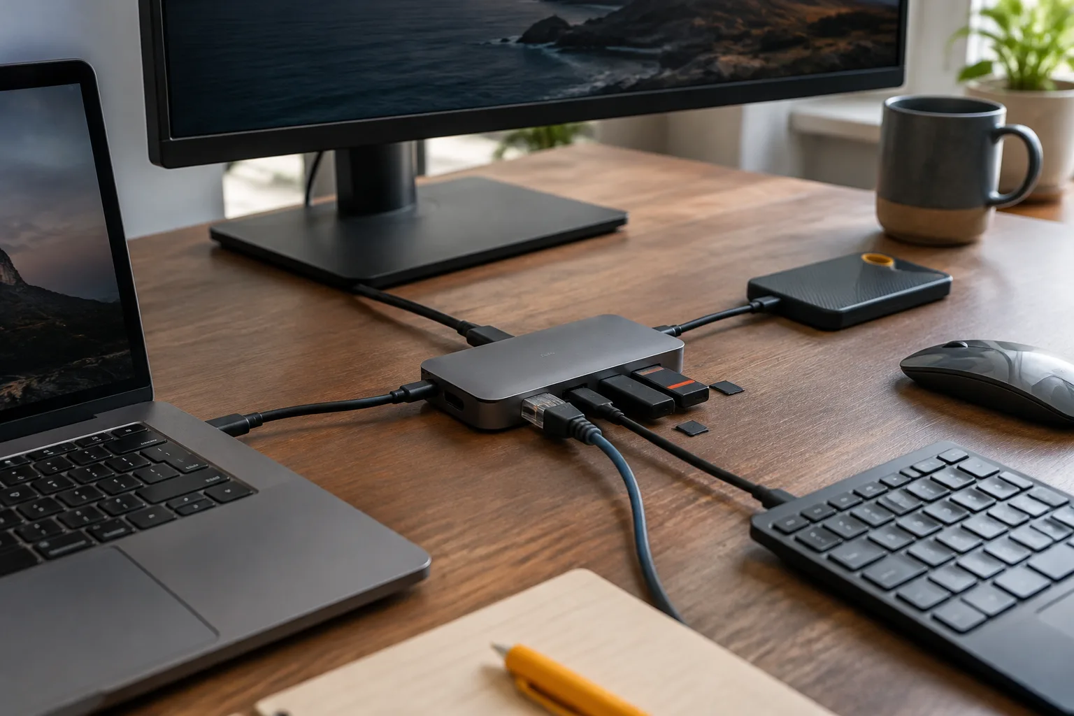 چیدمان کاربردی هاب USB-C با مانیتور، SSD اکسترنال، کابل شبکه، کارت حافظه و تجهیزات جانبی