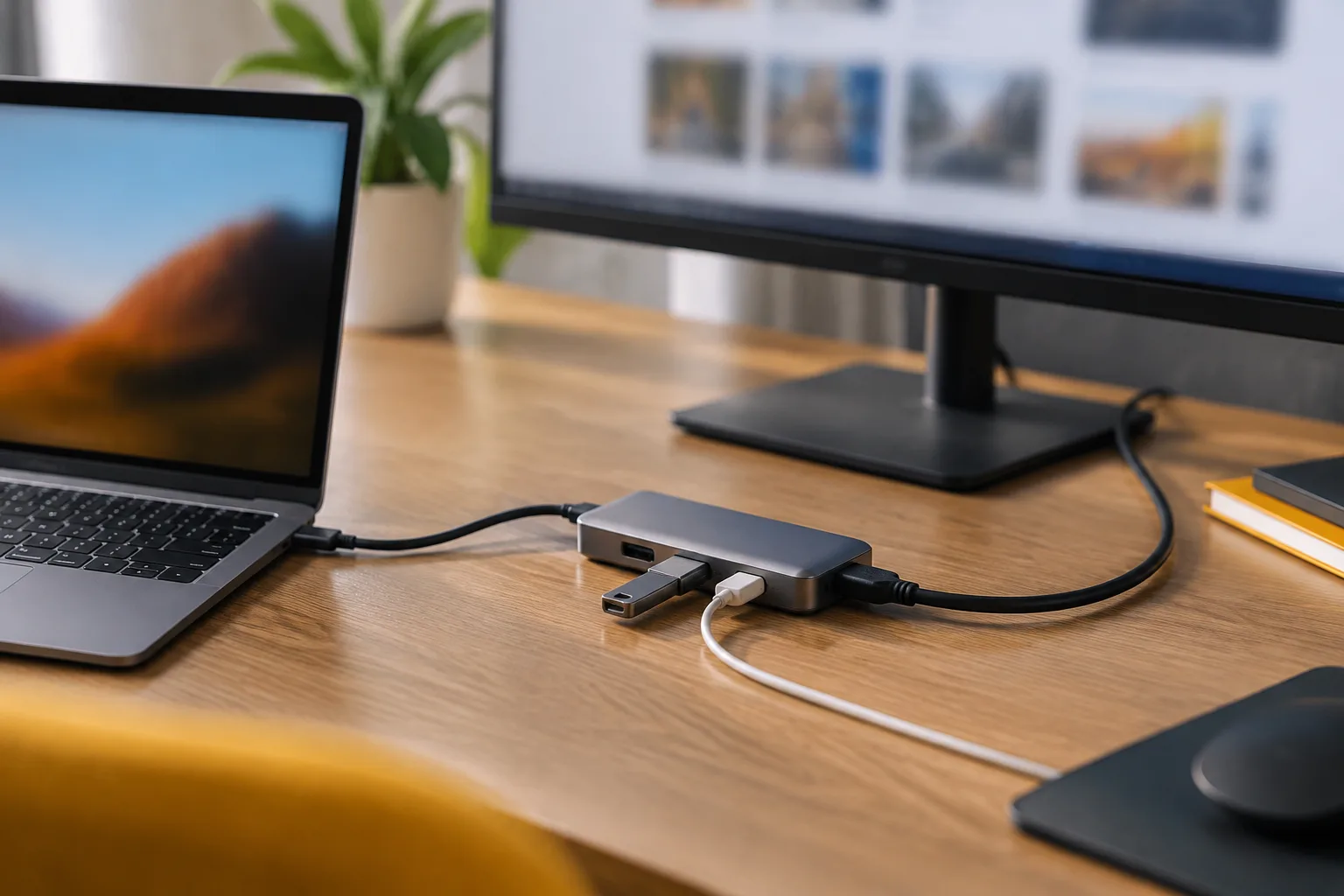 زنجیره اتصال هاب USB-C به لپ&zwnj;تاپ، کابل HDMI و نمایشگر برای توضیح تفاوت داشتن پورت HDMI و خروجی تصویر