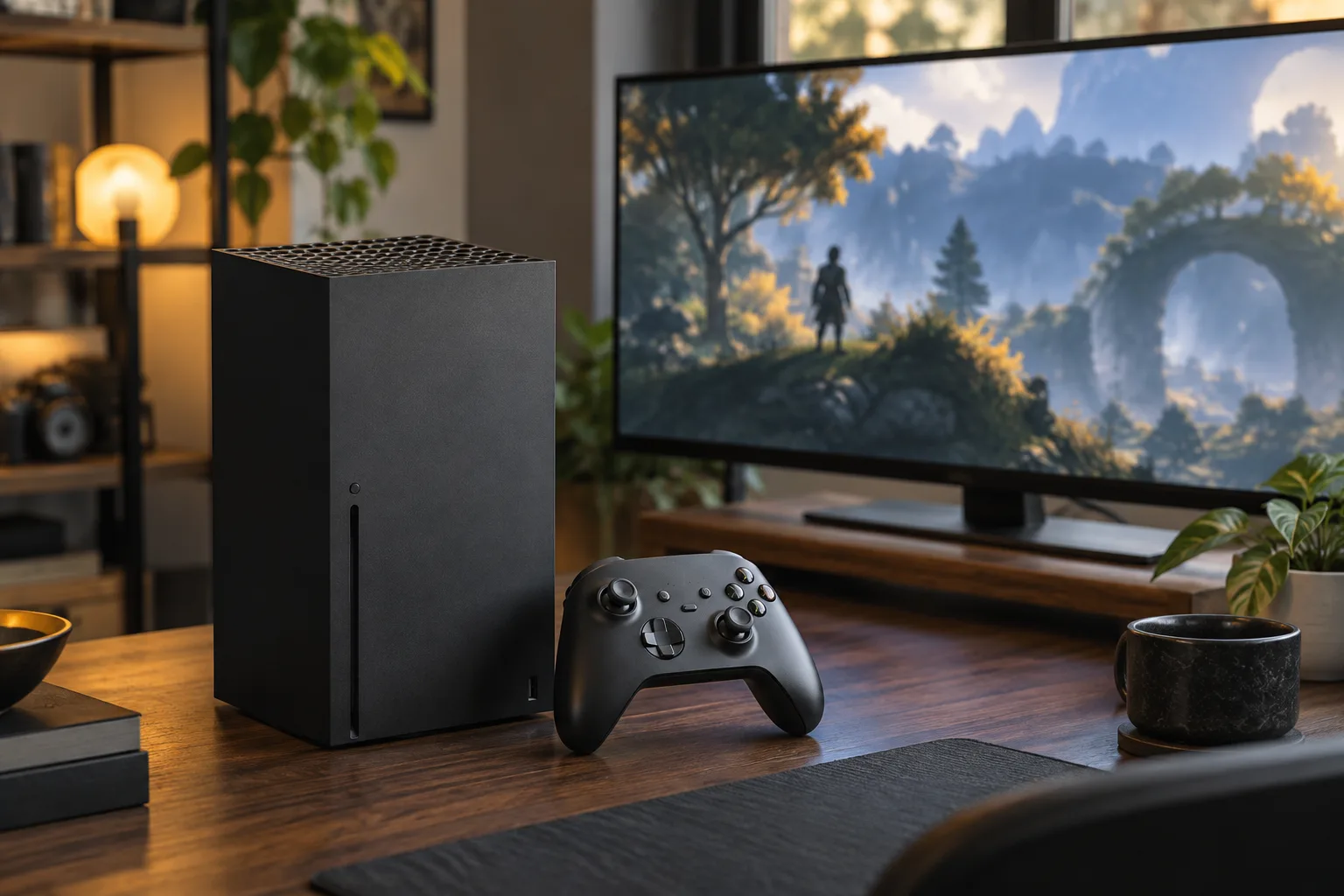 چیدمان خبری یک کنسول Xbox Series X و کنترلر در کنار نمایشگری با صحنه&zwnj;های انتزاعی از بازی&zwnj;های مستقل، با فضای خالی در دو طرف قاب