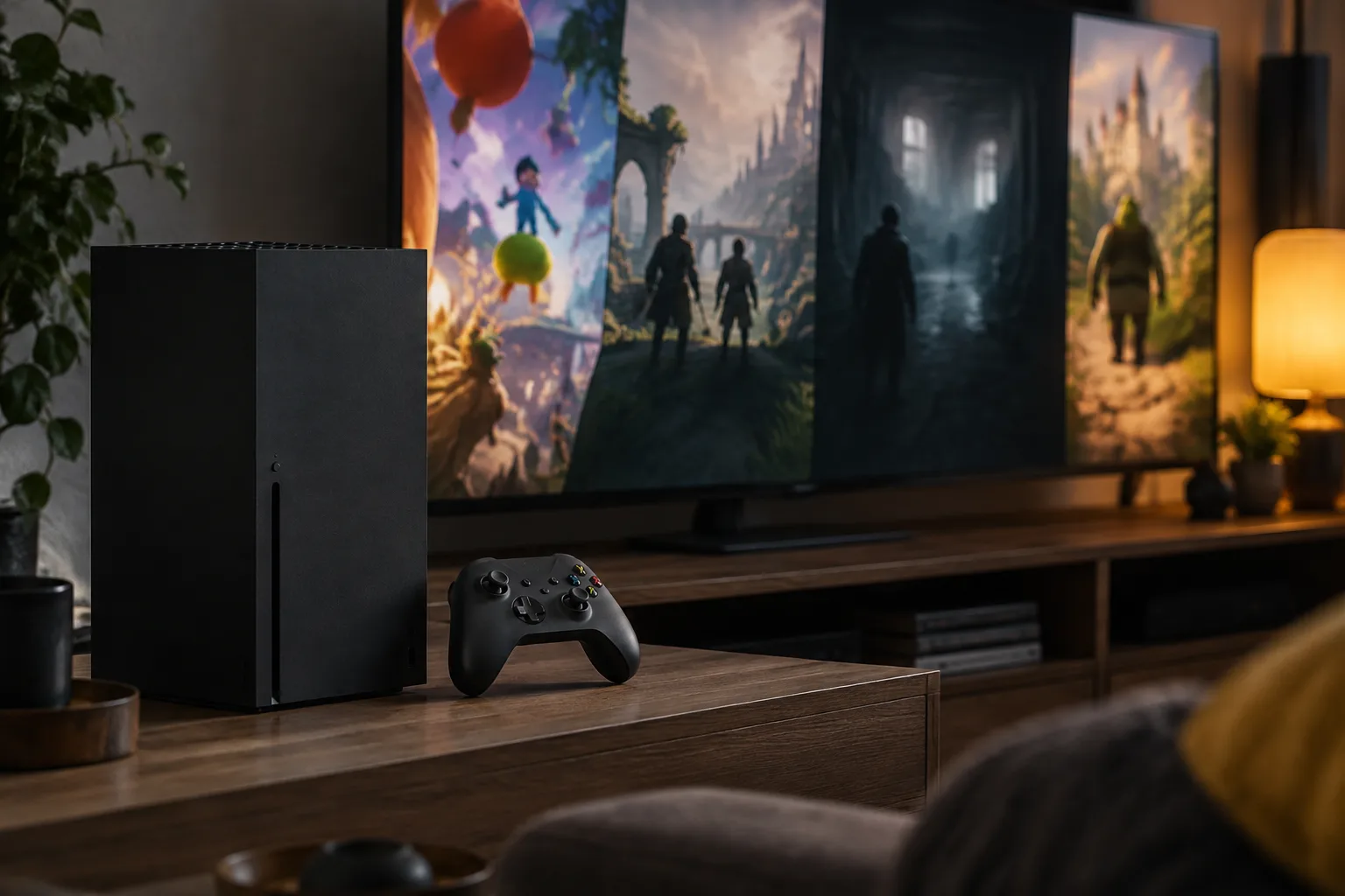 کنسول Xbox Series X و کنترلر در یک فضای بازی خانگی، با نمایشگر تار و نورپردازی سرد برای القای تنوع بازی&zwnj;های مستقل و ترس روان&zwnj;شناختی