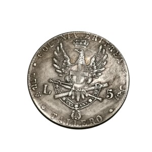 سکه ۵ ریالی دوران استعمار ایتالیا در اریتره، سال ۱۸۹۱ میلادی