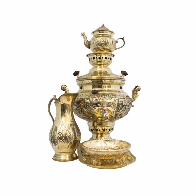 سرویس سماور ۸ لیتری قلم زنی زرد ذغالی