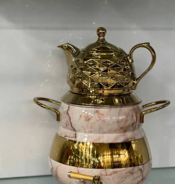 کتری و قوری FR کد 2010 ماربل کرم طلایی دسته استیل