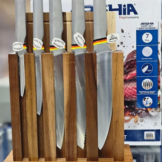 ست چاقوی ۷ تکه ارشیا مدل KS112-3659 با پایه و تخته برش اقاقیا