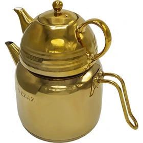 کتری و قوری 2/5 لیتر لوله دار دسته استیل طلایی (NEZAZ) کد 2401