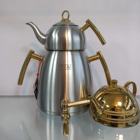 کتری و قوری 6 لیتر دسته استیل طلایی دو قوری  (NEZAZ) کد 4027