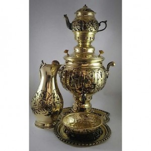 سرویس سماور زغالی برنجی سیاه قلم سایز ۶ قلمزنی هخامنش