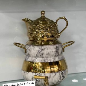 کتری و قوری FR کد 2010 ماربل سفید طلایی دسته استیل