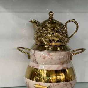 کتری و قوری FR کد 2010 ماربل کرم طلایی دسته استیل