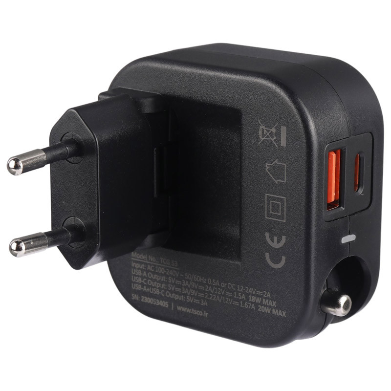شارژر فندکی و دیواری فست شارژ TSCO TCG 53 3A 20W + کابل تایپ سی