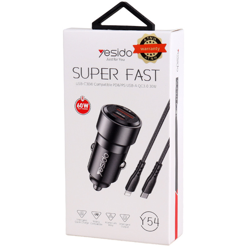 شارژر فندکی فست شارژ Yesido Y54 3A QC4.0 PD3.0 30W + کابل تبدیل آیفونی