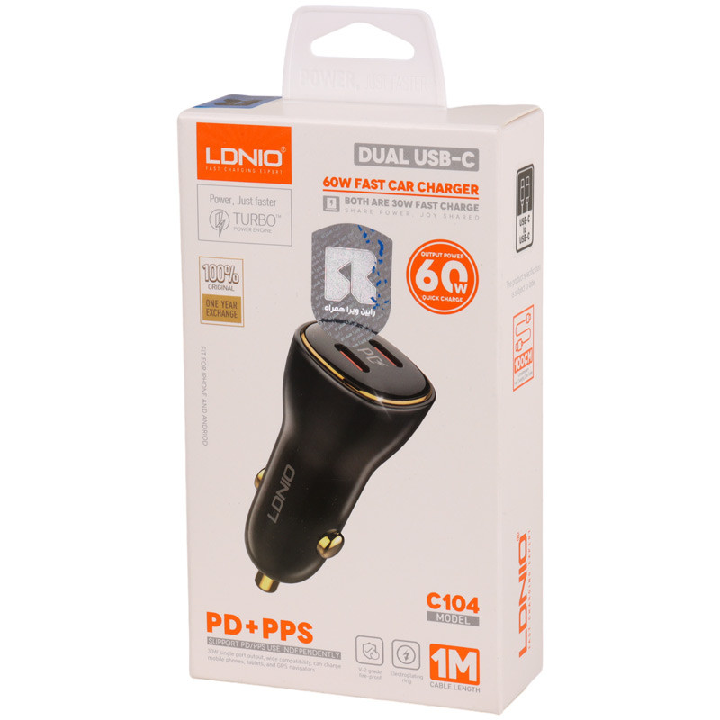 شارژر فندکی 30 وات الدینیو C104 + کابل تبدیل تایپ سی