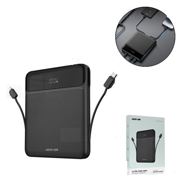 پاوربانک 20000 گرین لاین Green Lion Ultra Thin GNULTHIN20BK توان 120 وات همراه با کابل متصل
