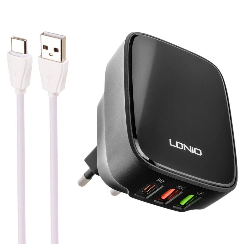 شارژر دیواری فست شارژ Ldnio Q334 3Port 3A QC3.0 PD 20W + کابل تایپ سی