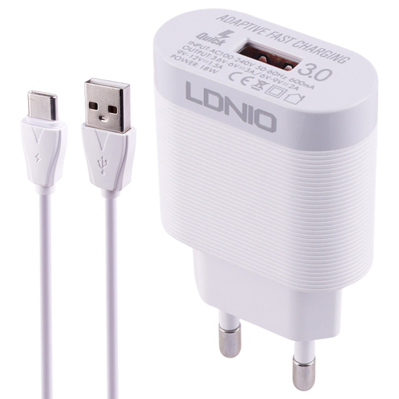 شارژر دیواری فست شارژ Ldnio A303Q QC3.0 PD 18W + کابل تایپ سی