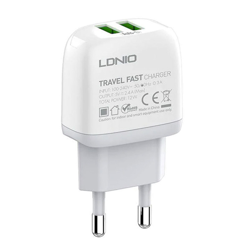 شارژر دیواری فست شارژ Ldnio A2218 2Port 2.4A 12W + کابل تبدیل تایپ سی