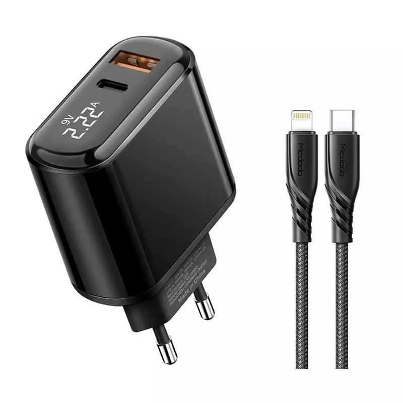شارژر دیواری فست شارژ Mcdodo LCH-717 2Port 3A QC3.0 PD3.0 20W + کابل تبدیل آیفونی