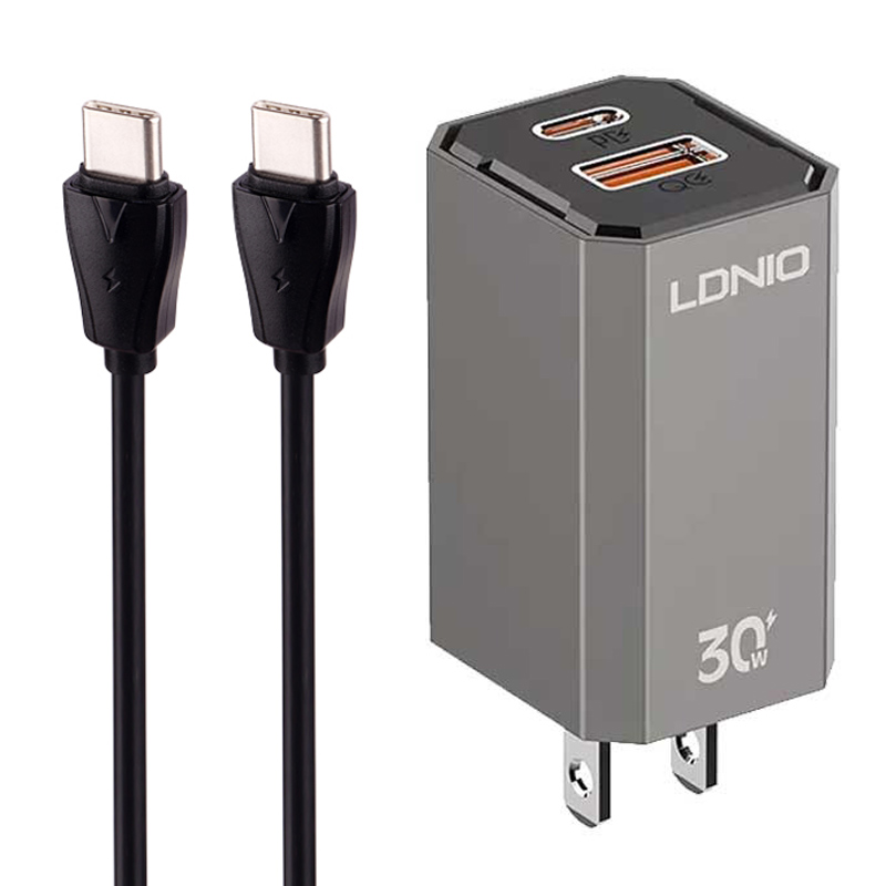 شارژر دیواری فست شارژ Ldnio A2527C 2Port QC3.0 PD 3A 30W + کابل تبدیل تایپ سی