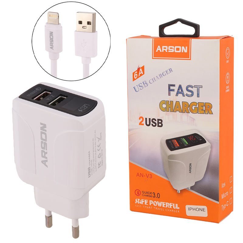 شارژر دیواری فست شارژ Arson AN-V3 2Port 3A QC3.0 PD 21.5W + کابل آیفونی