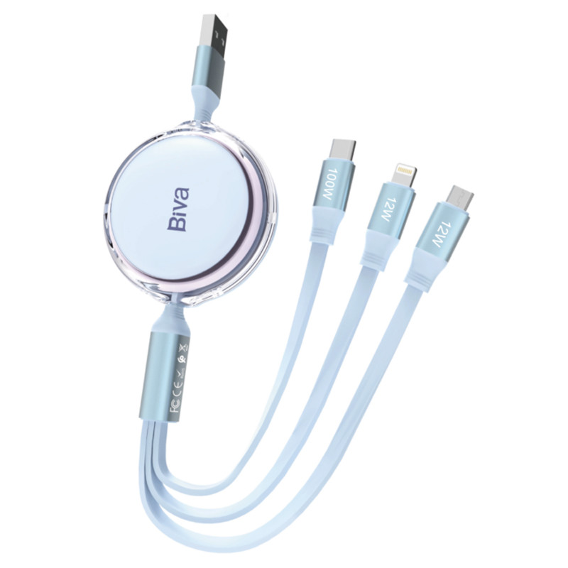 کابل سه سر فست شارژ 100 وات بیوا C-22 طول 1.1 متر