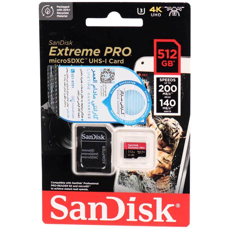 رم میکرو 512 گیگ سن دیسک SanDisk Extreme Pro A2 V30 U3 C10 200MB/s + خشاب