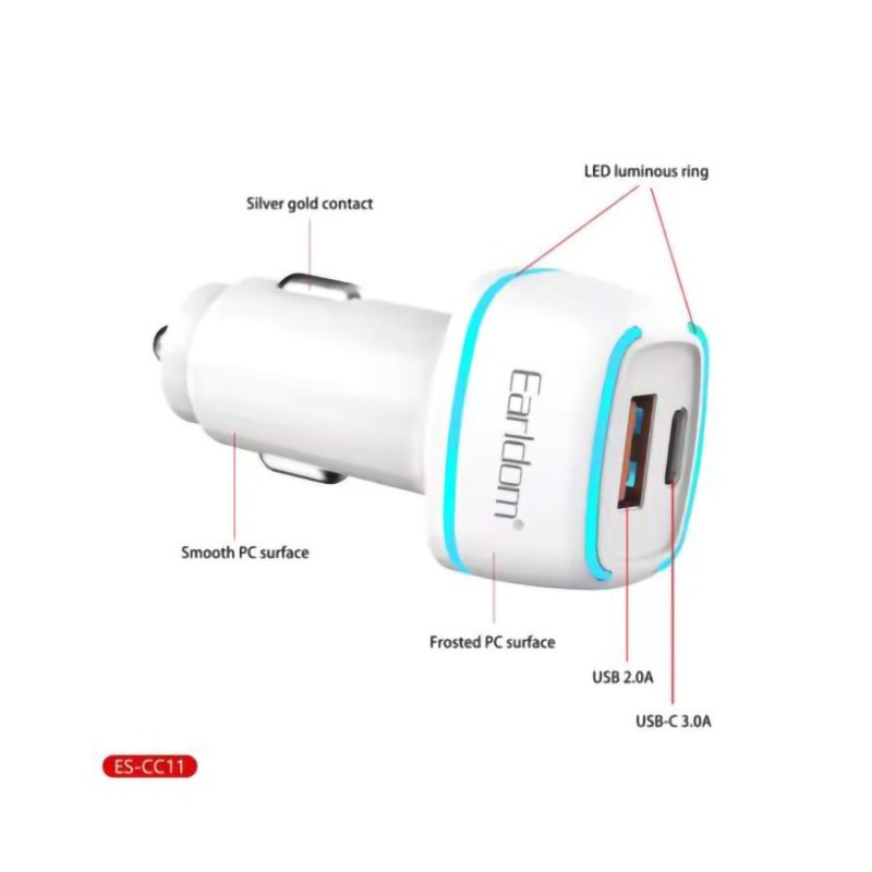 شارژر فندکی 18 وات ارلدام ES-CC11 + کابل تبدیل آیفونی