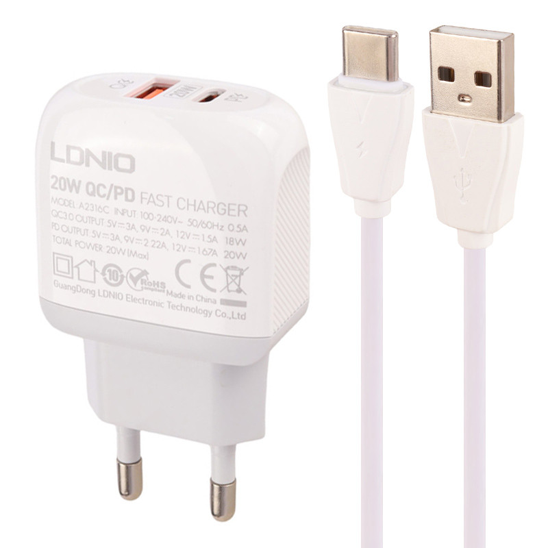 شارژر دیواری فست شارژ Ldnio A2316C 2Port 3A QC3.0 PD 20W + کابل تایپ سی