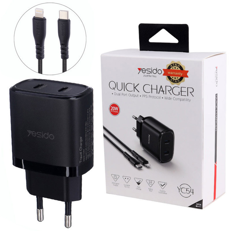 شارژر دیواری 20 وات یسیدو YC54 PD 3A + کابل تبدیل آیفونی
