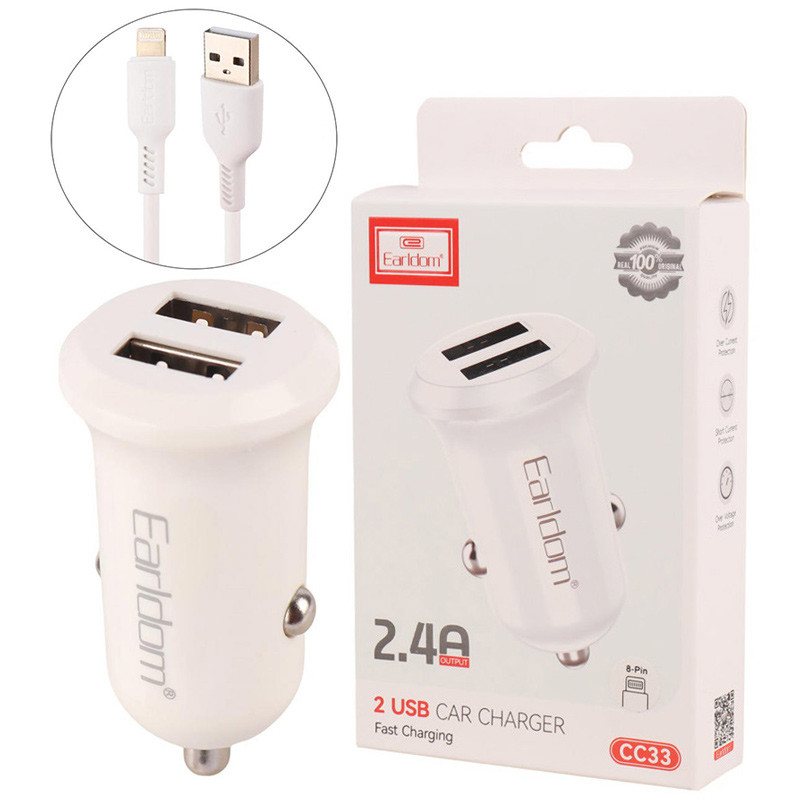 شارژر فندکی فست شارژ Earldom ES-CC33 2.4A 12W + کابل آیفونی