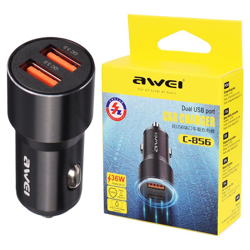 شارژر فندکی فست شارژ Awei C-856 3A QC3.0 PD 18W