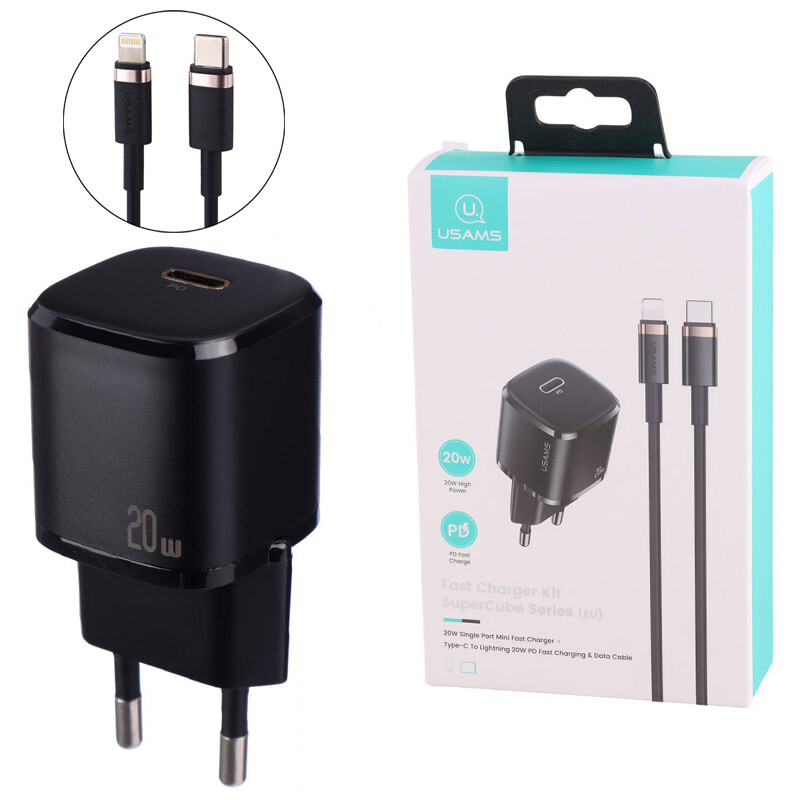 شارژر دیواری 20 وات یوسامز US-CC124 PD 3A + کابل تبدیل آیفونی
