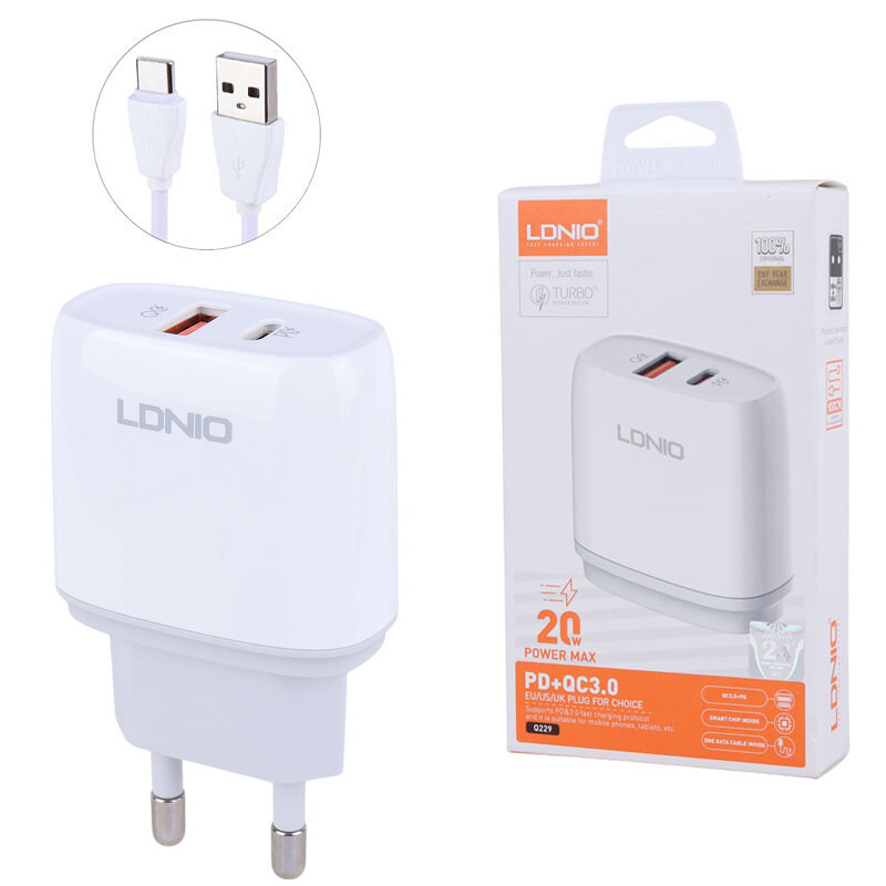 شارژر دیواری 20 وات الدینیو Q229 QC3.0 PD 3A + کابل تایپ سی