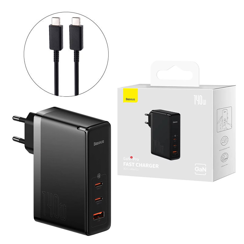 شارژر دیواری فست شارژ Baseus GaN5 Pro CCGP100 3Port 5A QC PD 140W + کابل تبدیل تایپ سی