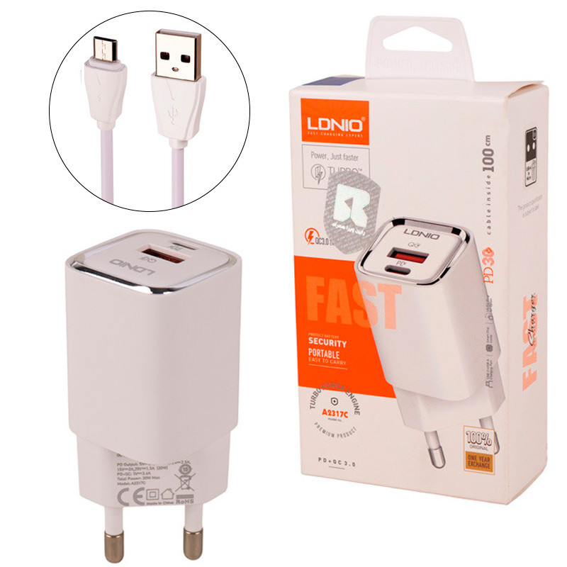 شارژر دیواری 30 وات الدینیو A2317C QC3.0 PD 3A + کابل میکرو یو اس بی