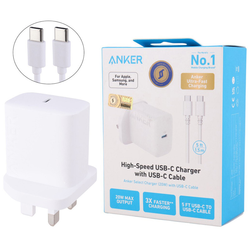 شارژر دیواری 20 وات انکر A2347 3A + کابل تبدیل تایپ سی