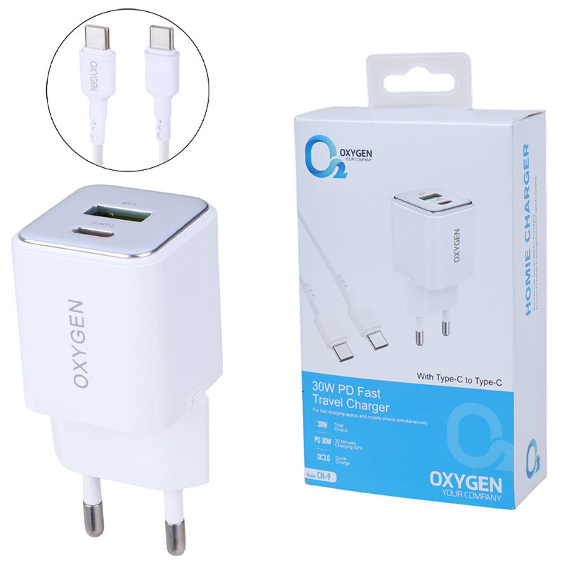 شارژر دیواری 30 وات اکسیژن CH-9 QC3.0 PD 3A + کابل تایپ سی