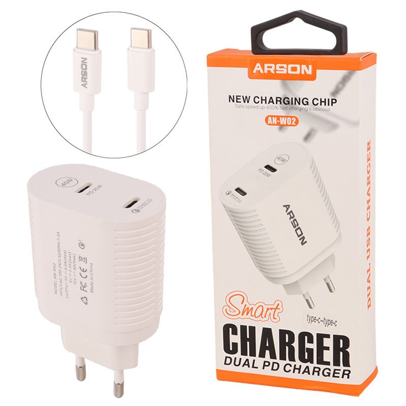 شارژر دیواری فست شارژ Arson AN-W02 4A PD QC3.0 20W + کابل تبدیل تایپ سی