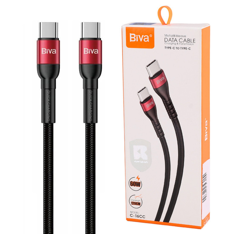 کابل دو سر تایپ سی فست شارژ 60 وات بیوا C-16CC طول 1.2 متر